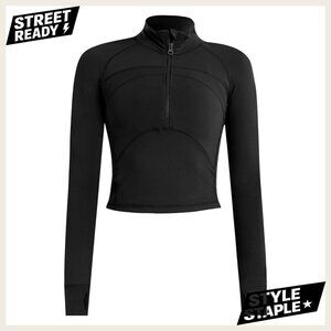 Athletic Cropped Half Zip Pullover with Thumb Holes, Slim Fit